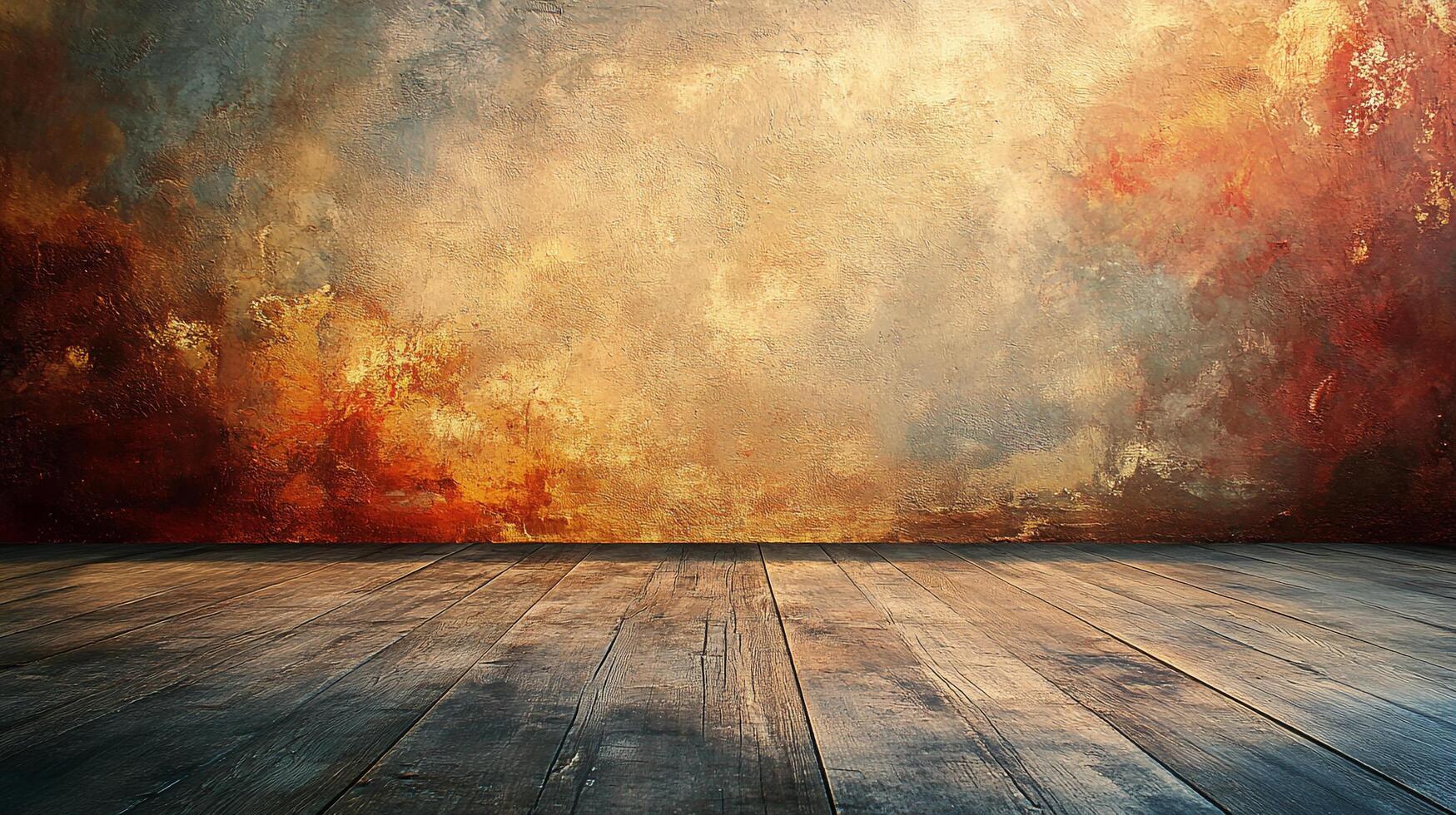 Rustic backdrop with textured ochre, brown, and red walls, paired with a weathered wood floor for an antique, vintage, and artistic ambiance. photo