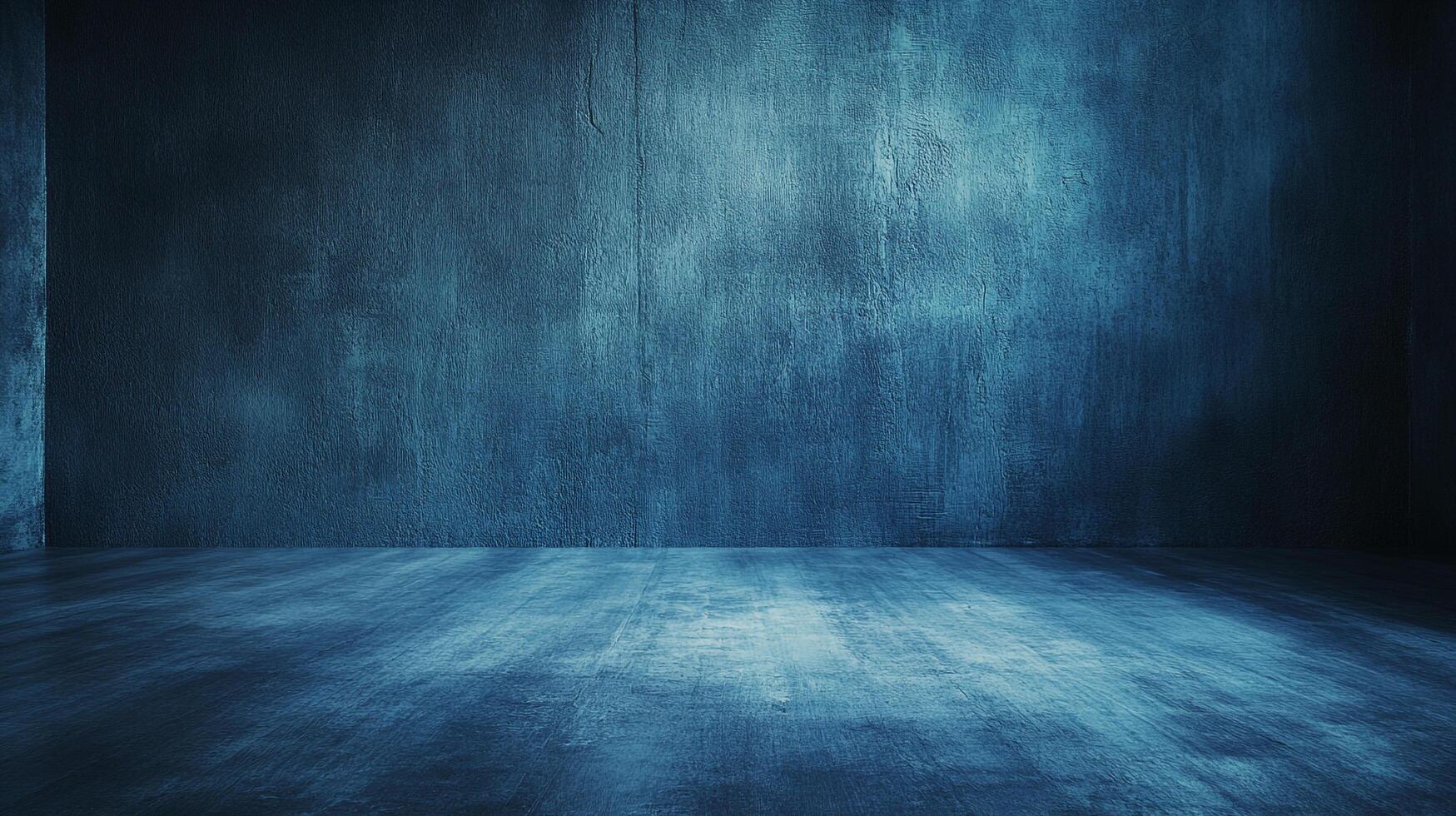 A blue hued interior scene featuring textures and shadows. The space appears to be a corner of a room, with emphasis on the textured wall and floor. photo