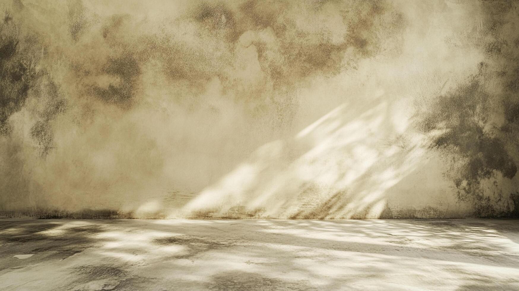 Sunlight streams into a worn, aged room. Natural light creates patterns of shadows and highlights on the distressed wall and floor surfaces. photo