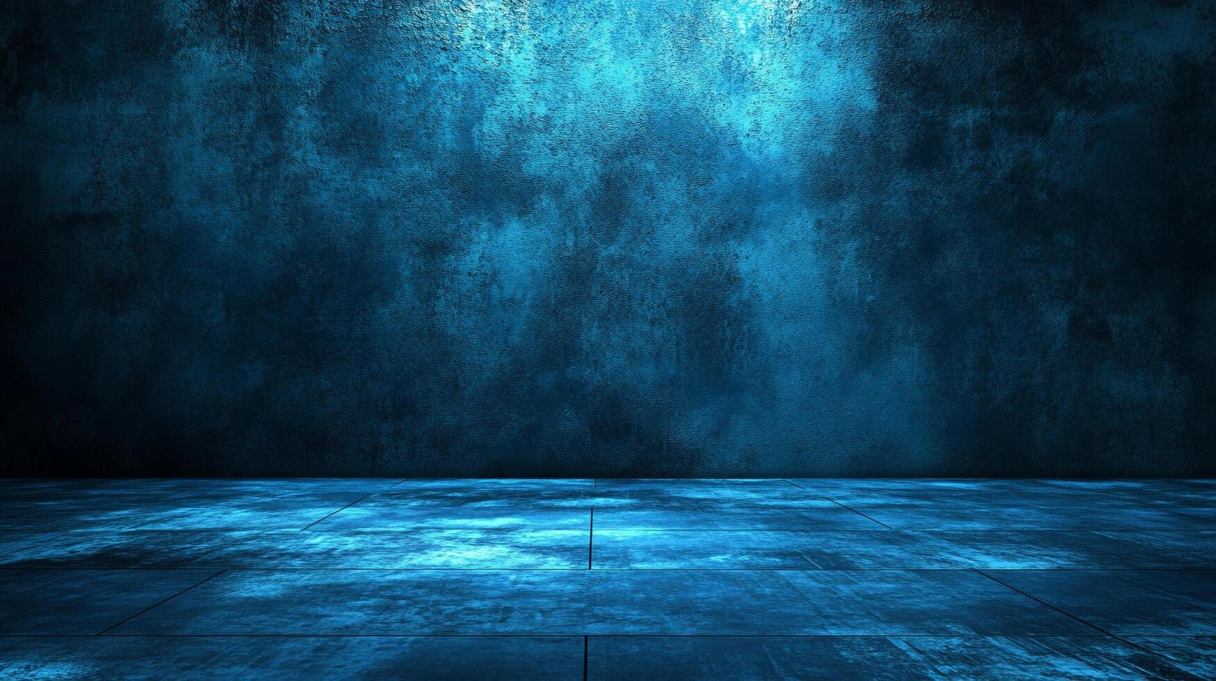 An abstract blue background featuring a textured wall and tiled floor, suitable for use as a stage or product presentation backdrop. photo