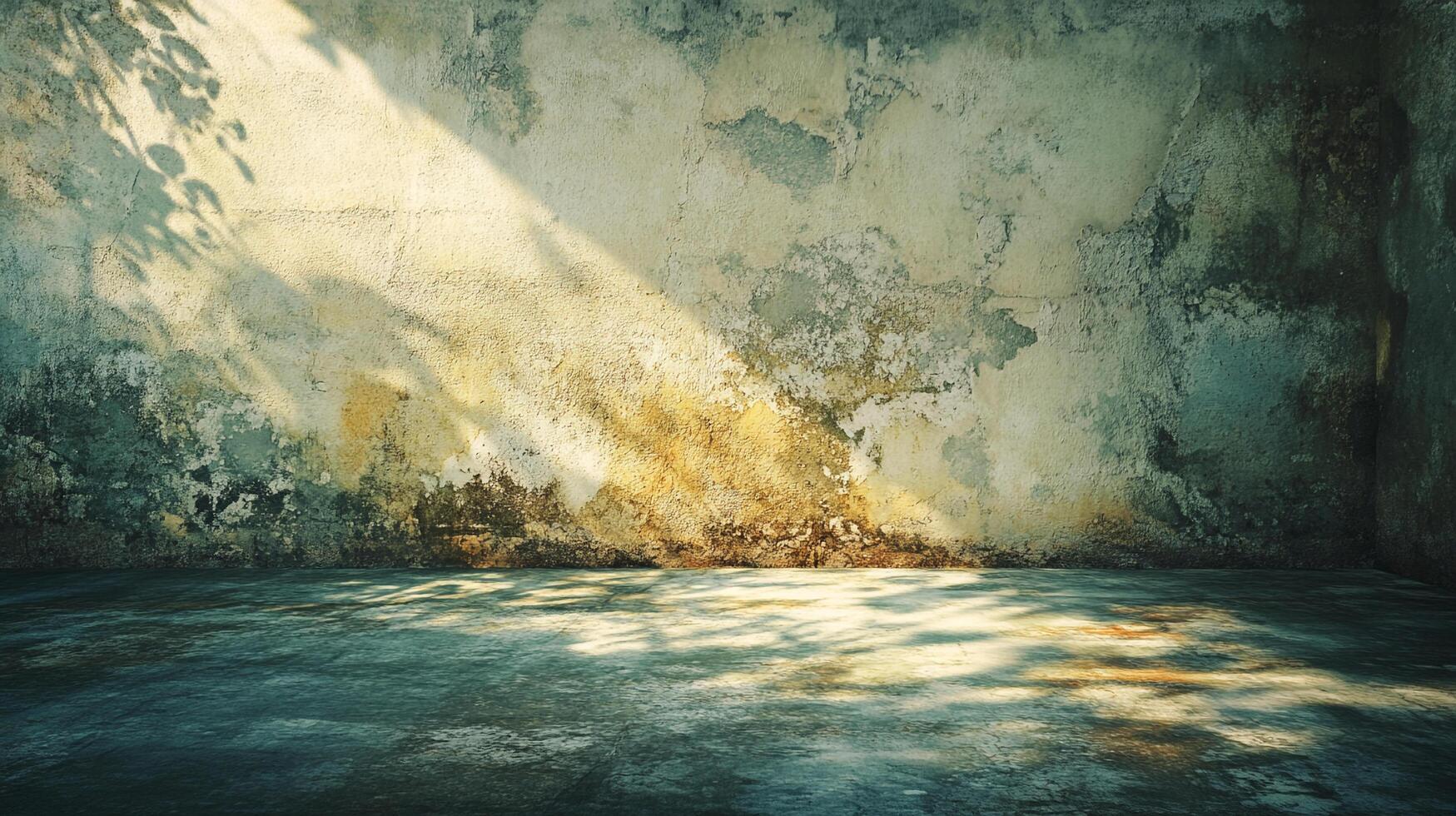 Sunlight streams across the cracked, weathered concrete wall and floor, casting shadows and highlighting textures in an atmospheric space. photo