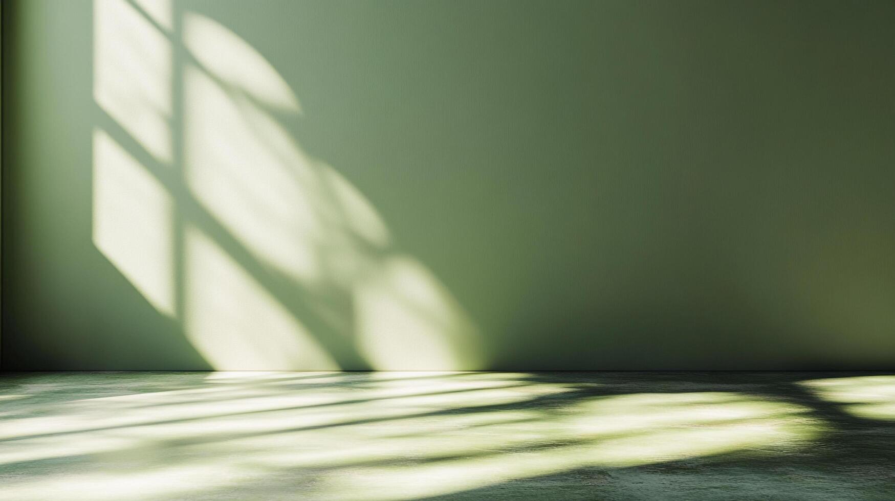 Sunlight streams through a window, casting playful shadows on a sage green wall, creating a serene and inviting space. photo