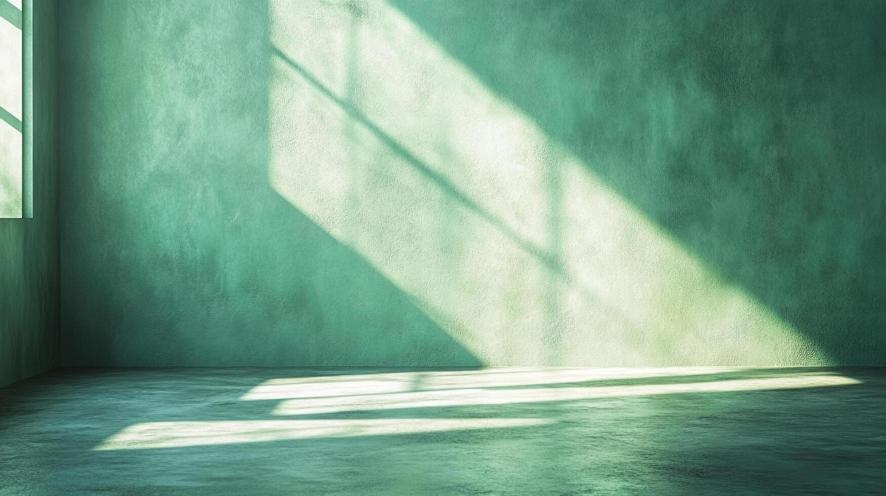 An empty room with rough texture walls in soft green illuminated by sunlight streaming through a window, creating a serene and peaceful ambiance. photo
