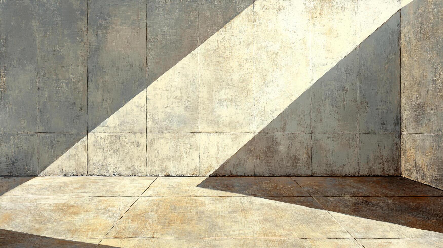 A sunbeam diagonally crossing a gray wall and floor, creating a contrast of light and shadow. A minimalist composition with a focus on textures. photo