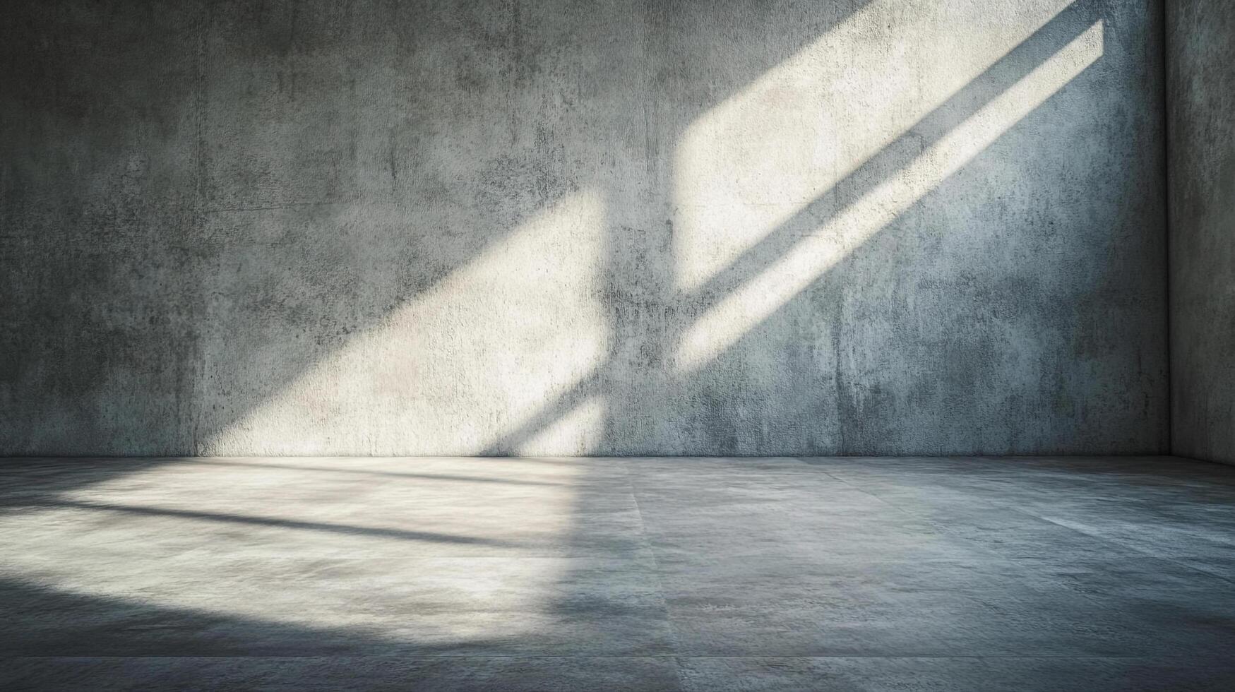 Sunlight streams into an empty concrete room, casting shadows across the floor and wall. A study of light, shadow, and minimalist space. photo