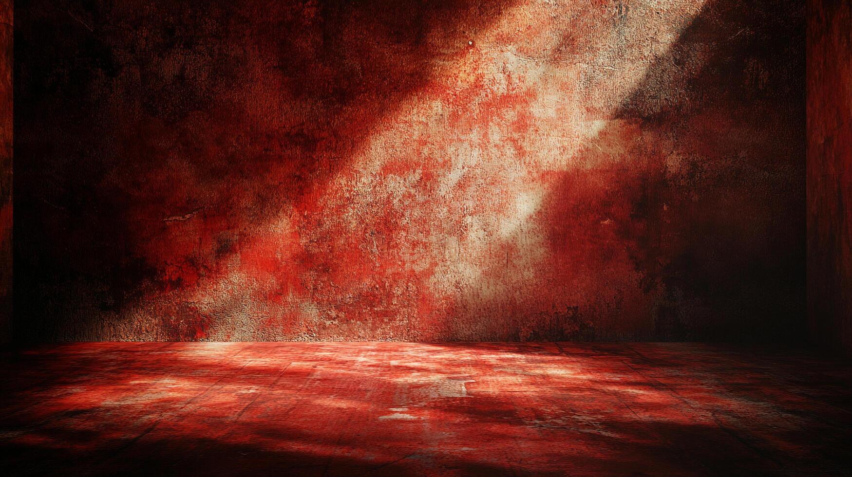 Red room interior with textured wall, wood floor, and dramatic lighting. Light beam. Moody studio background. Grungy textured. photo