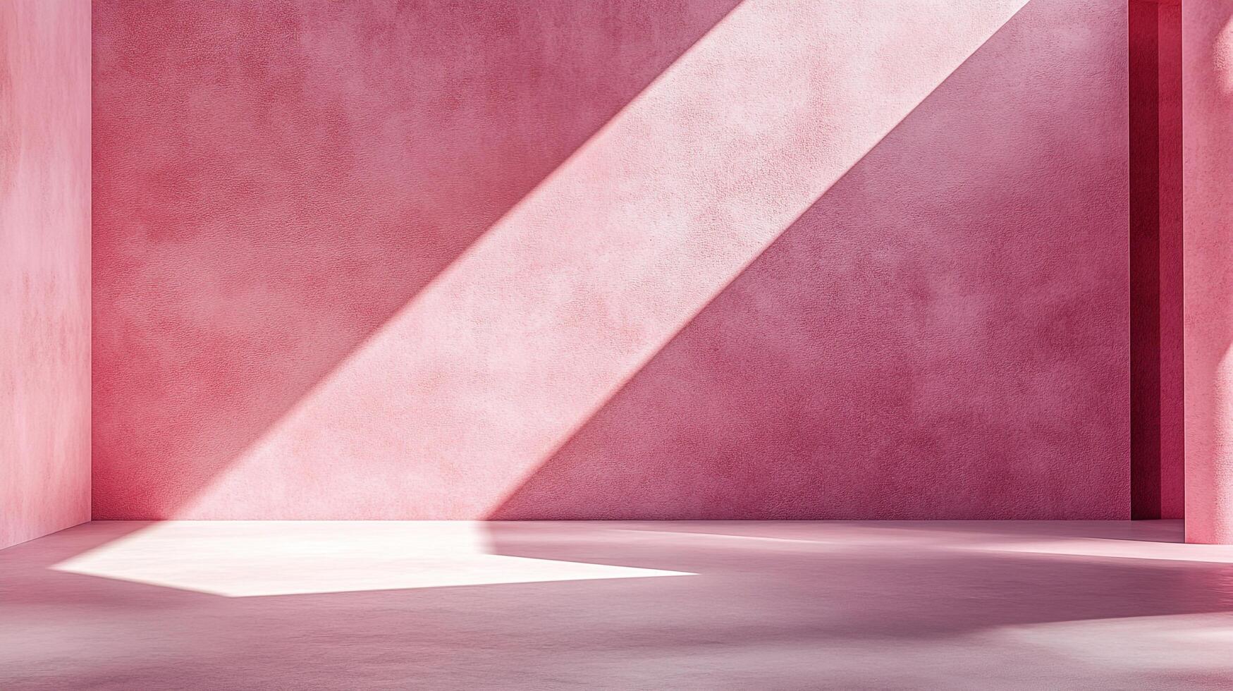 Abstract pink room interior with sunlight creating a striking diagonal pattern, casting shadows and highlighting the textured walls and floor. photo