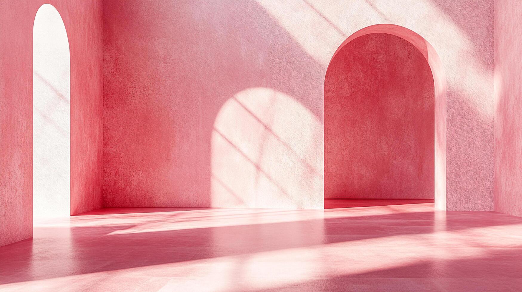 Minimalist coral room featuring arched doorways and soft, geometric sunlight patterns casting shadows across the floor and walls. photo