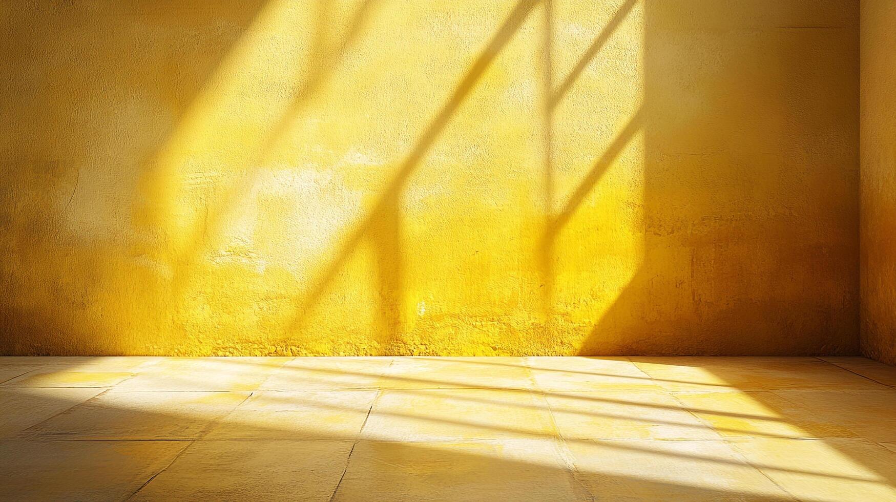 Sunlight streams through a window, casting a bright, geometric pattern across a yellow wall and floor in a minimalist, sunlit room. photo
