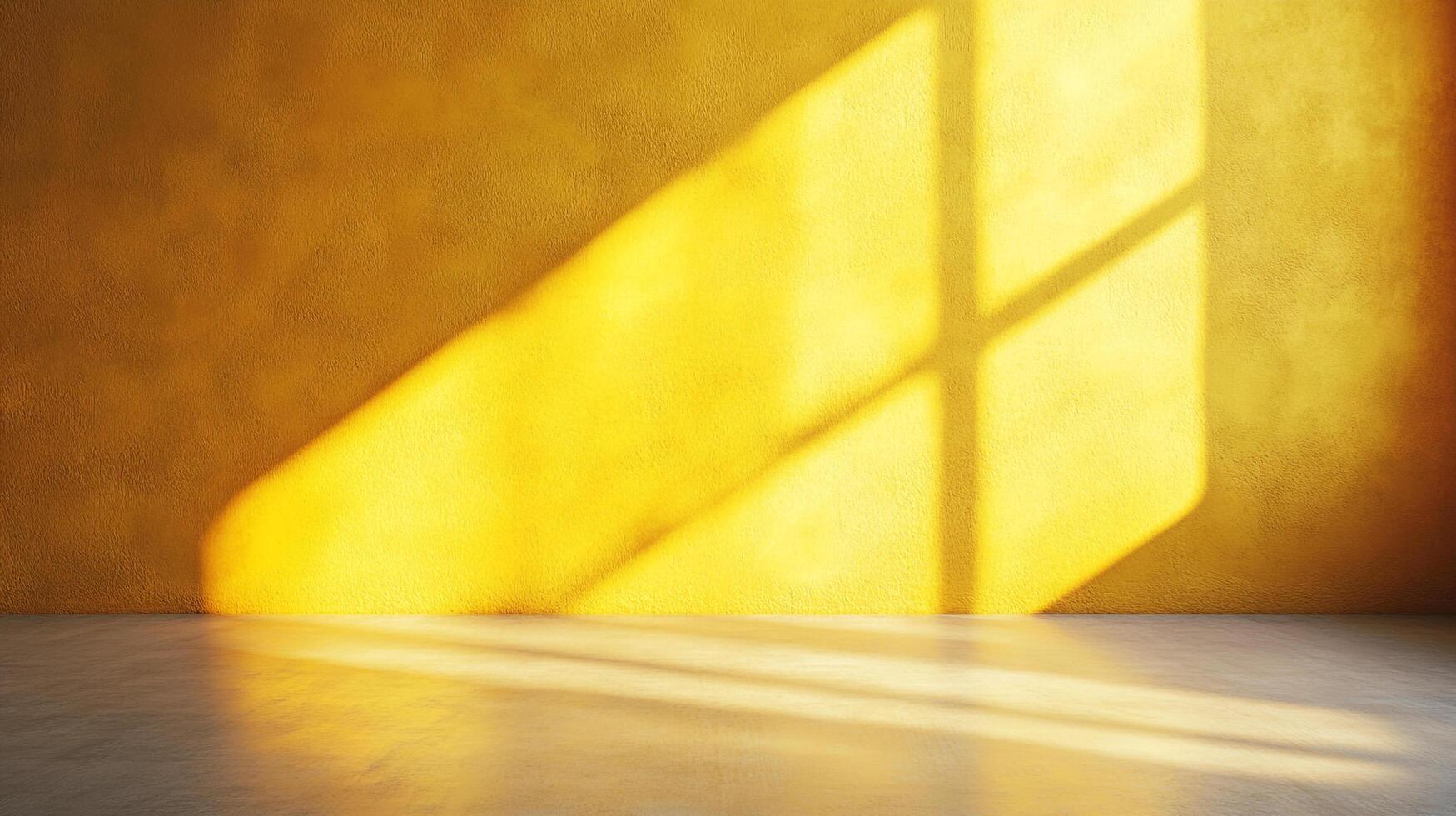 Sunlight streams through a window, casting interesting shadows across a textured golden wall and floor, creating a warm interior scene. photo