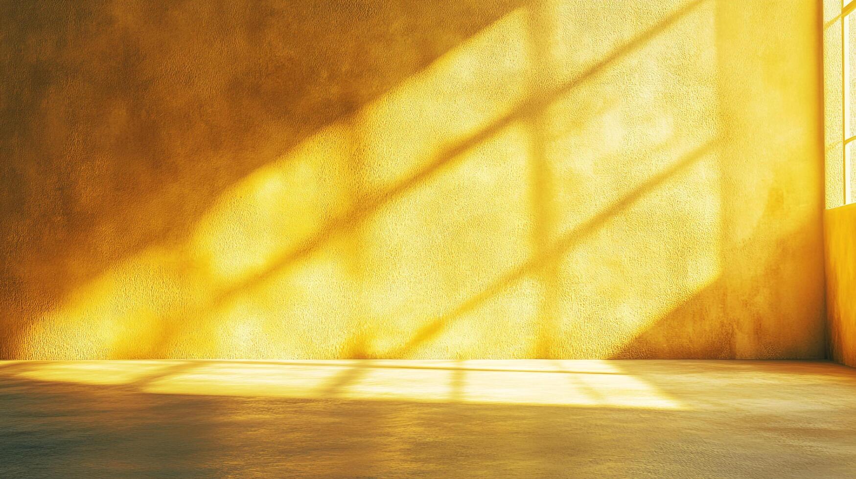 Golden room lit by sunlight streaming through a window, casting shadows on the textured yellow wall and reflecting on the floor. photo