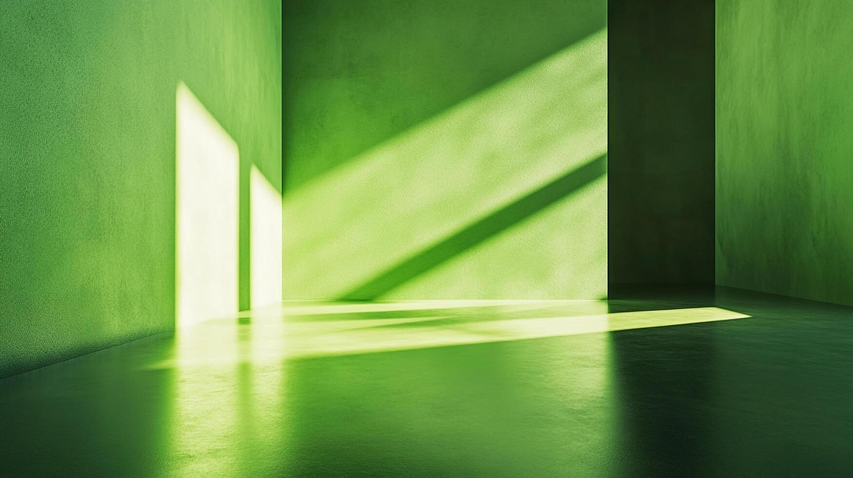 Green room interior with light and shadows creating a minimalist aesthetic, emphasizing form and color in a serene, abstract composition. photo