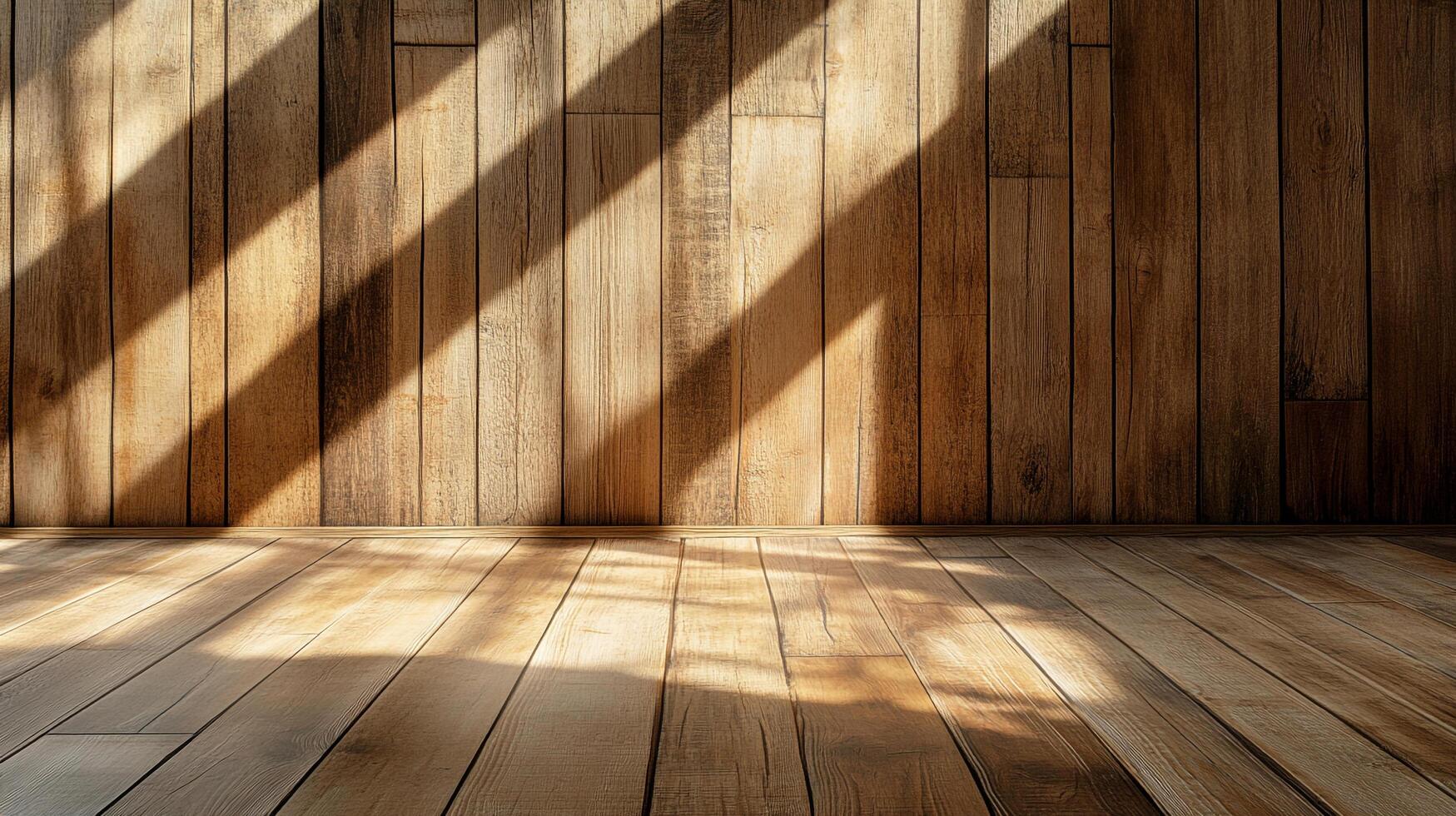 A wooden room with sunlight streaming in, creating a textured, patterned floor and wall. Interior decor showcasing light and shadow. photo