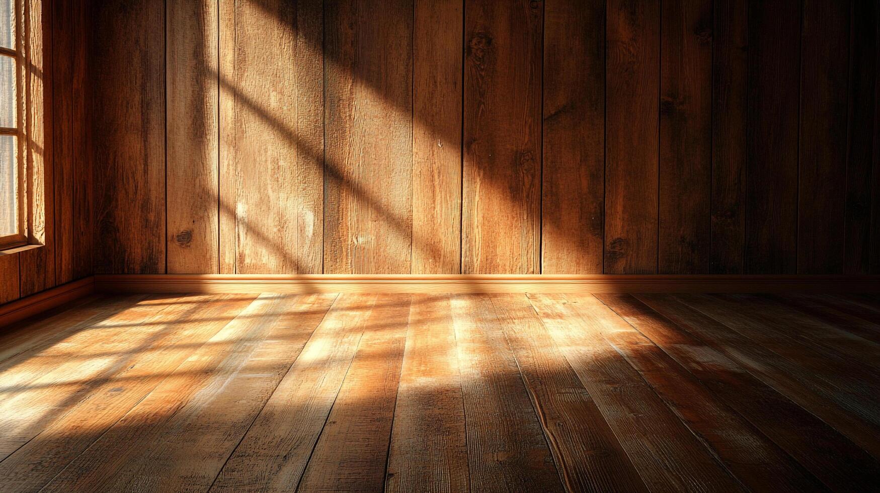 A sunbeam streams through a window, illuminating a room with polished hardwood floors and rich wood-paneled walls, creating a warm ambiance. photo