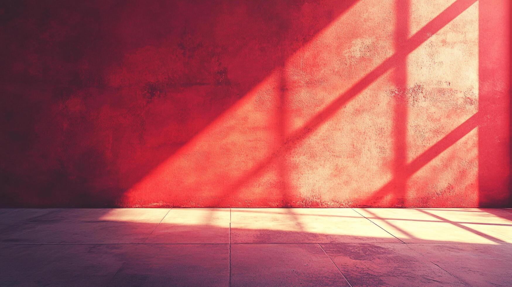 A striking red wall catches geometric sunlight in an empty room, creating a dramatic, minimal, and evocative interior scene. photo