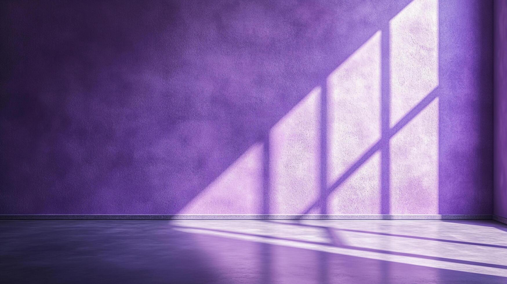 A serene purple room is illuminated by the geometric play of light and shadows cast from a nearby window on the far wall. photo