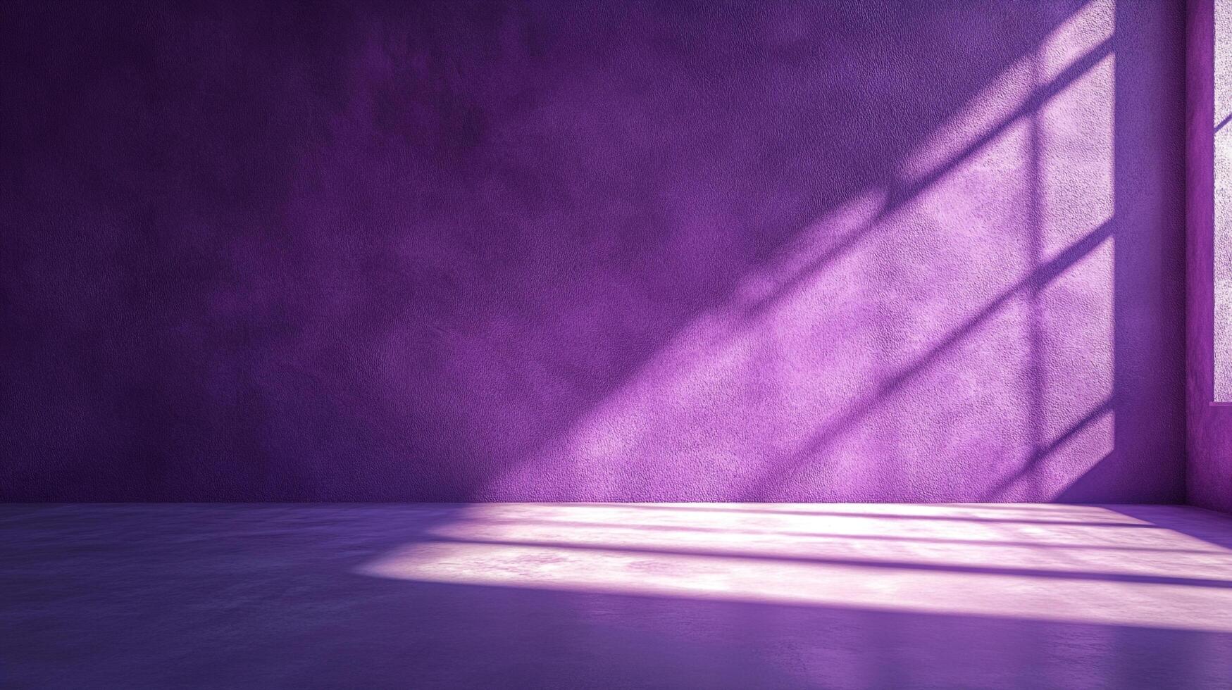 Interior view of an empty room showcasing a striking interplay of light and shadow on a textured purple wall and floor. photo