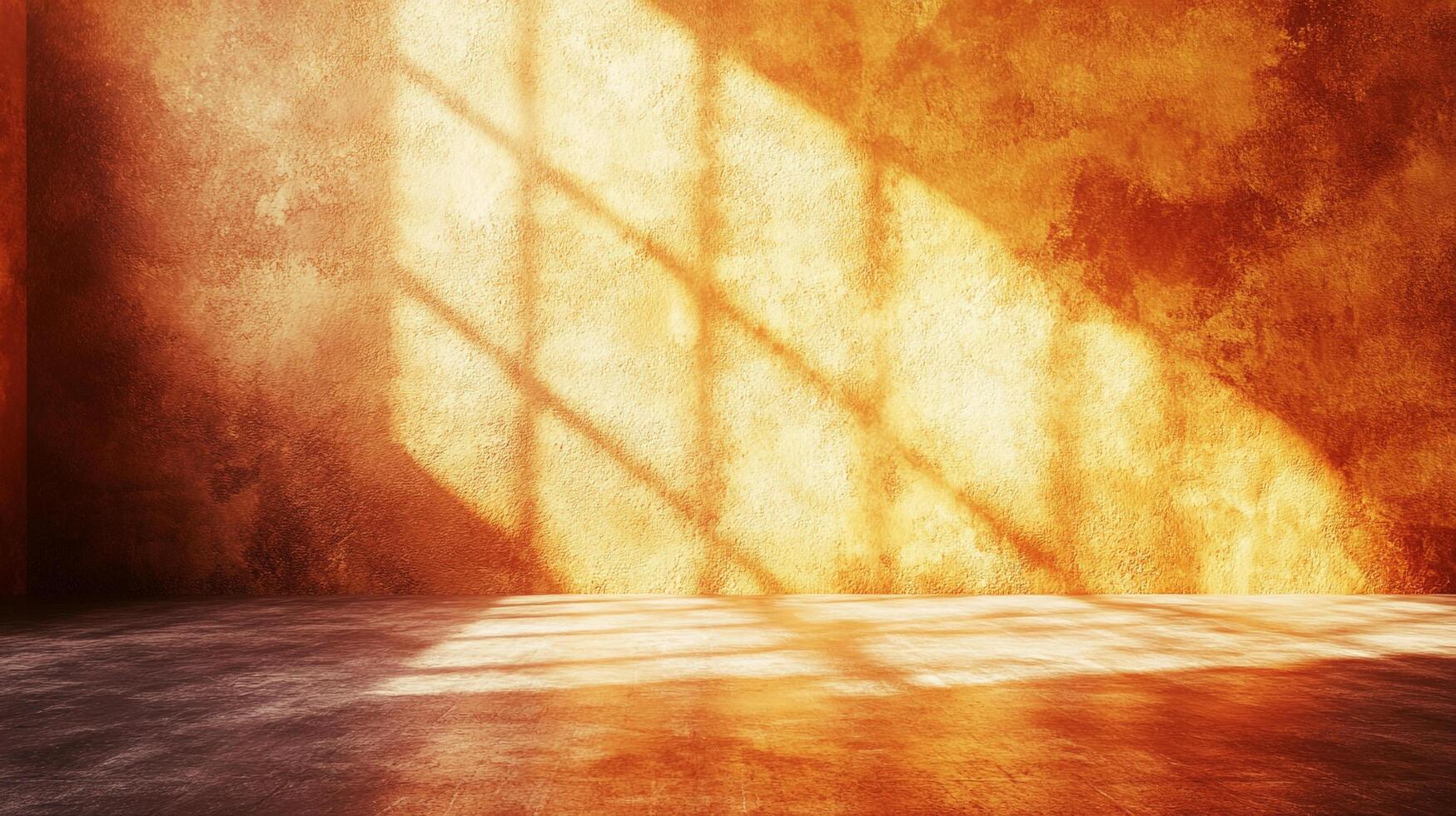 Sunlight streams through a window, casting geometric patterns on the textured wall and floor, creating a warm and inviting atmosphere. photo