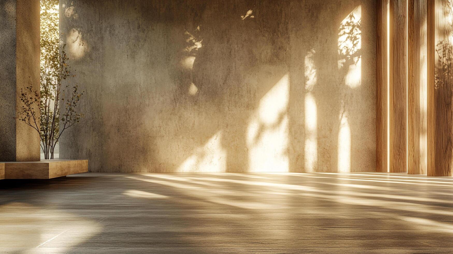 Sunlight streams into a modern interior, illuminating the wooden floor and accentuating the minimalist design with shadows and natural elements. photo
