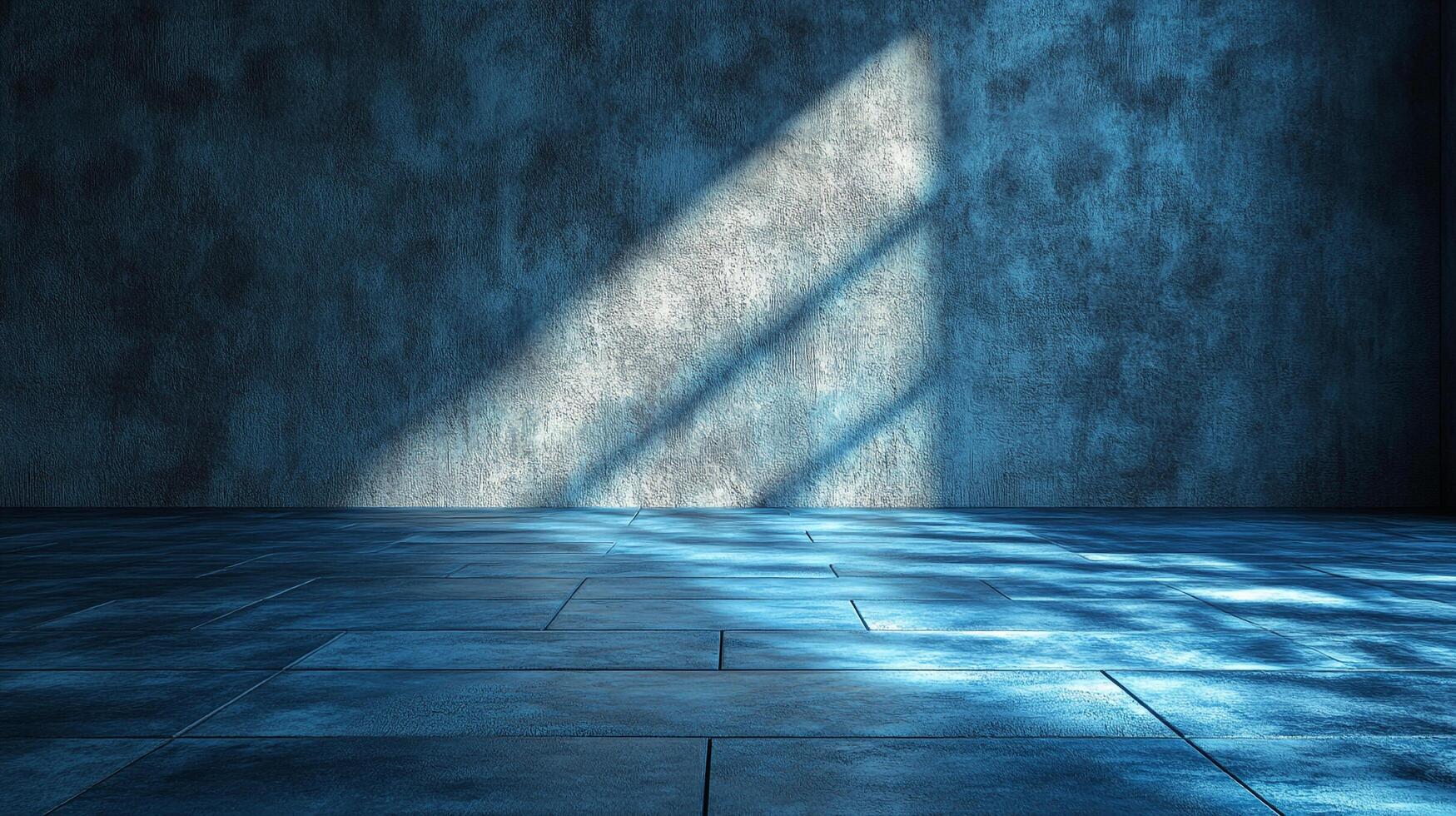 A minimalist scene featuring a concrete floor and wall bathed in light and shadows, creating a stark yet serene atmosphere. 130 characters. photo