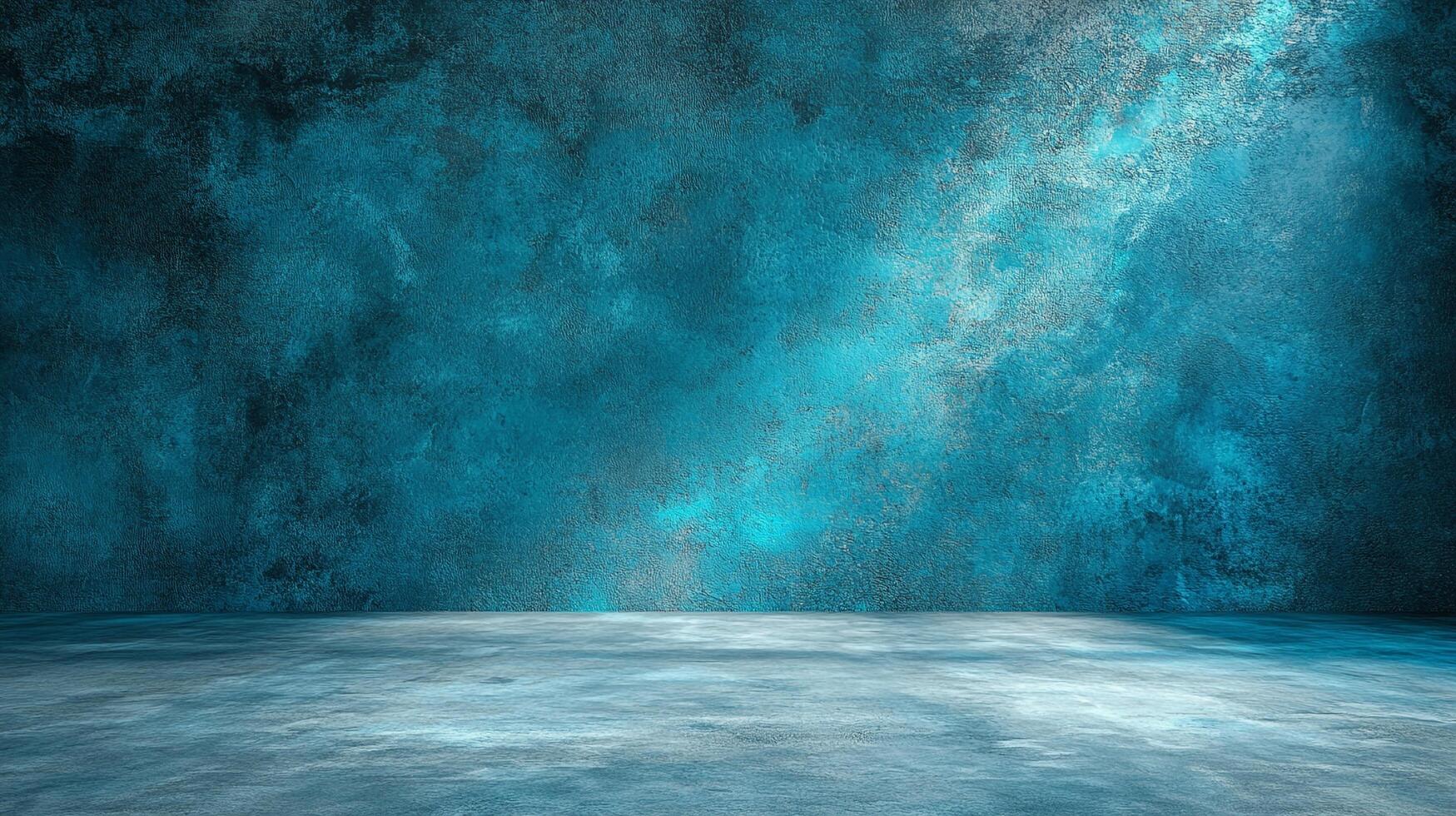 Dramatic teal colored textured wall with a gradient that gives it a cloudy appearance. The floor is also textured and colored teal. photo