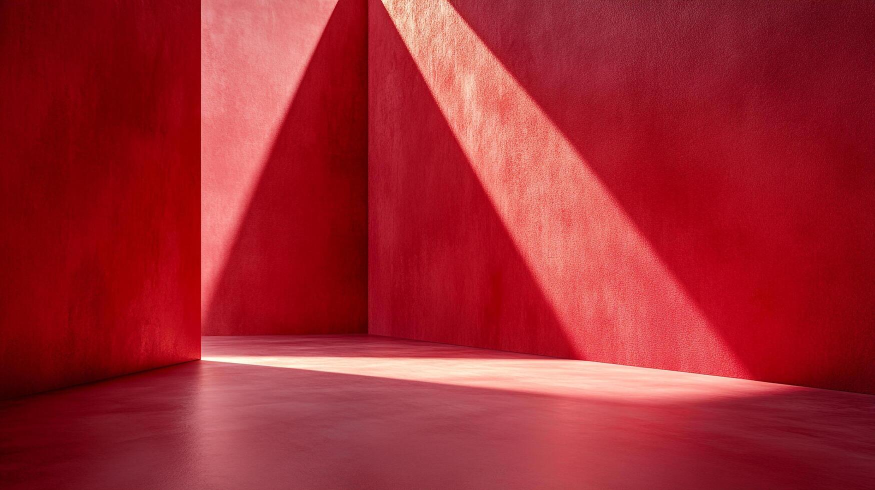 Minimalist red room corner with sunlight creating a triangle. Abstract space with clean lines and vibrant color for modern design. photo