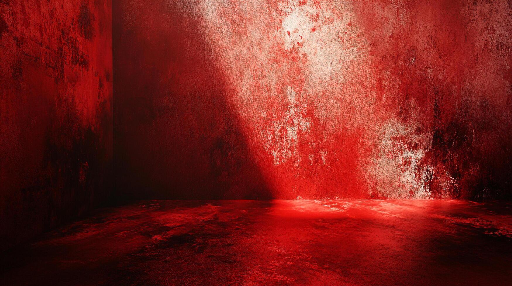 A dimly lit corner with red walls and floor, creating a sense of enclosure and foreboding with its dark hues and textural contrast. photo