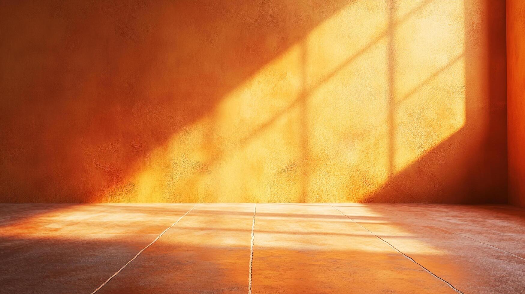 Sunlight streams into a room with clay walls and floor, creating warm light and shadows. Simple interior showcasing light and texture. photo