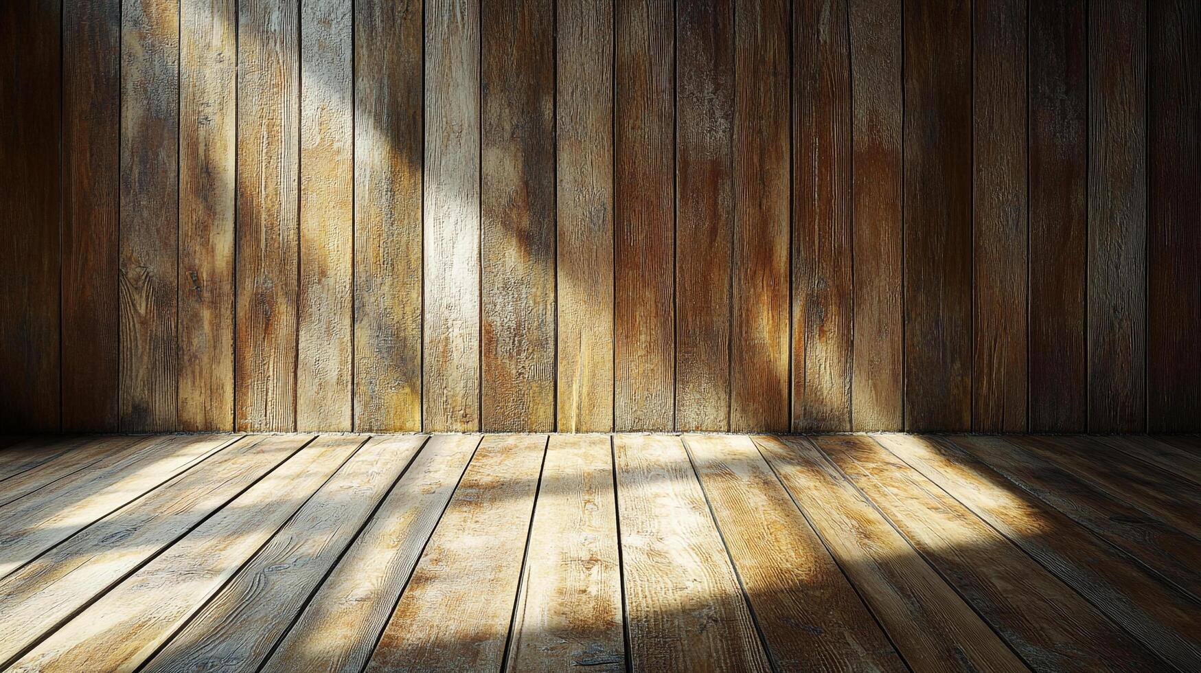 Rustic wooden planks create a warm and inviting space, illuminated by a gentle ray of sunlight casting shadows on the floor and wall. photo