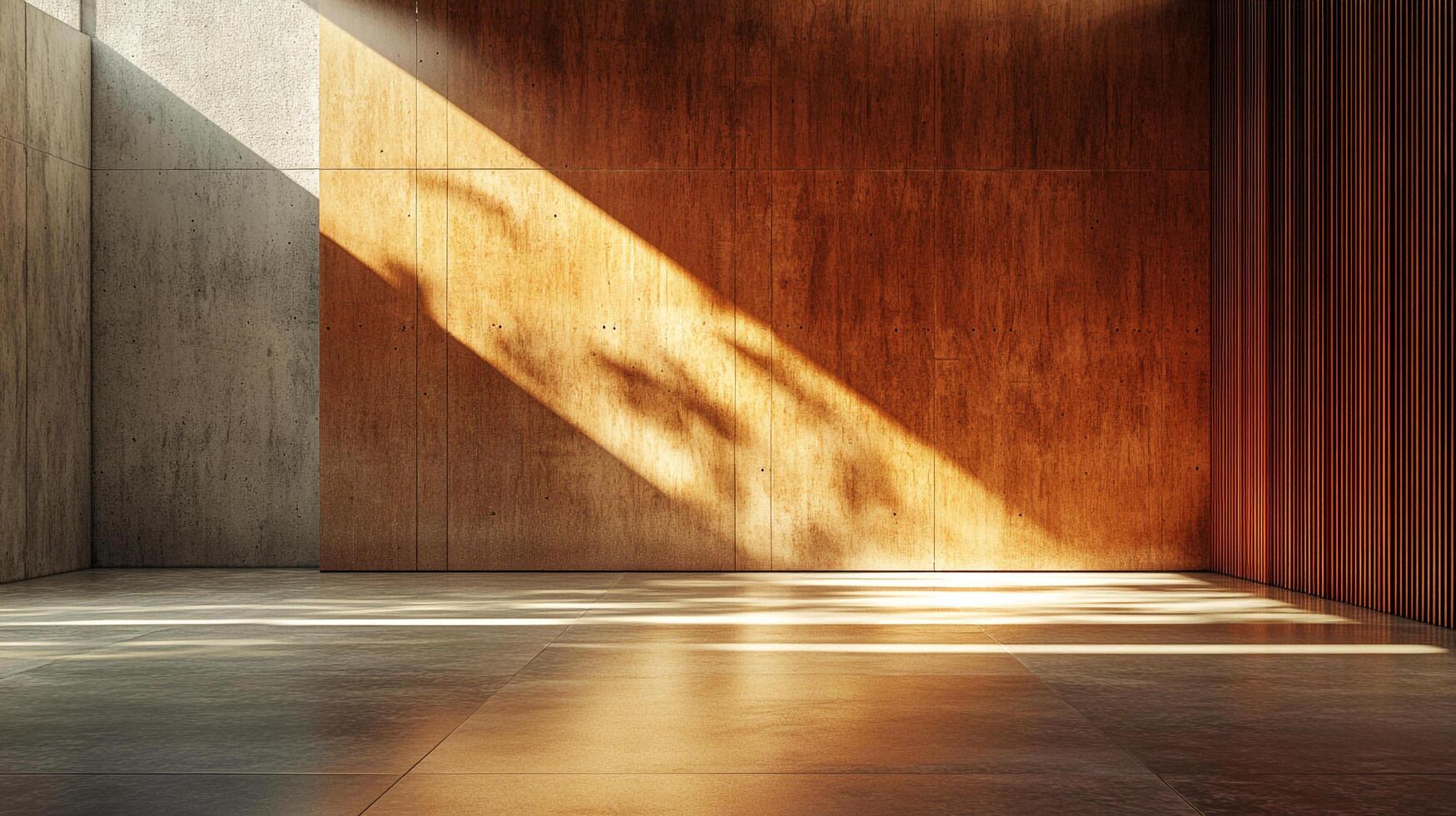 A light-filled architectural interior featuring concrete and wood, creating contrast and highlighting geometric shadows on the floor and walls. photo