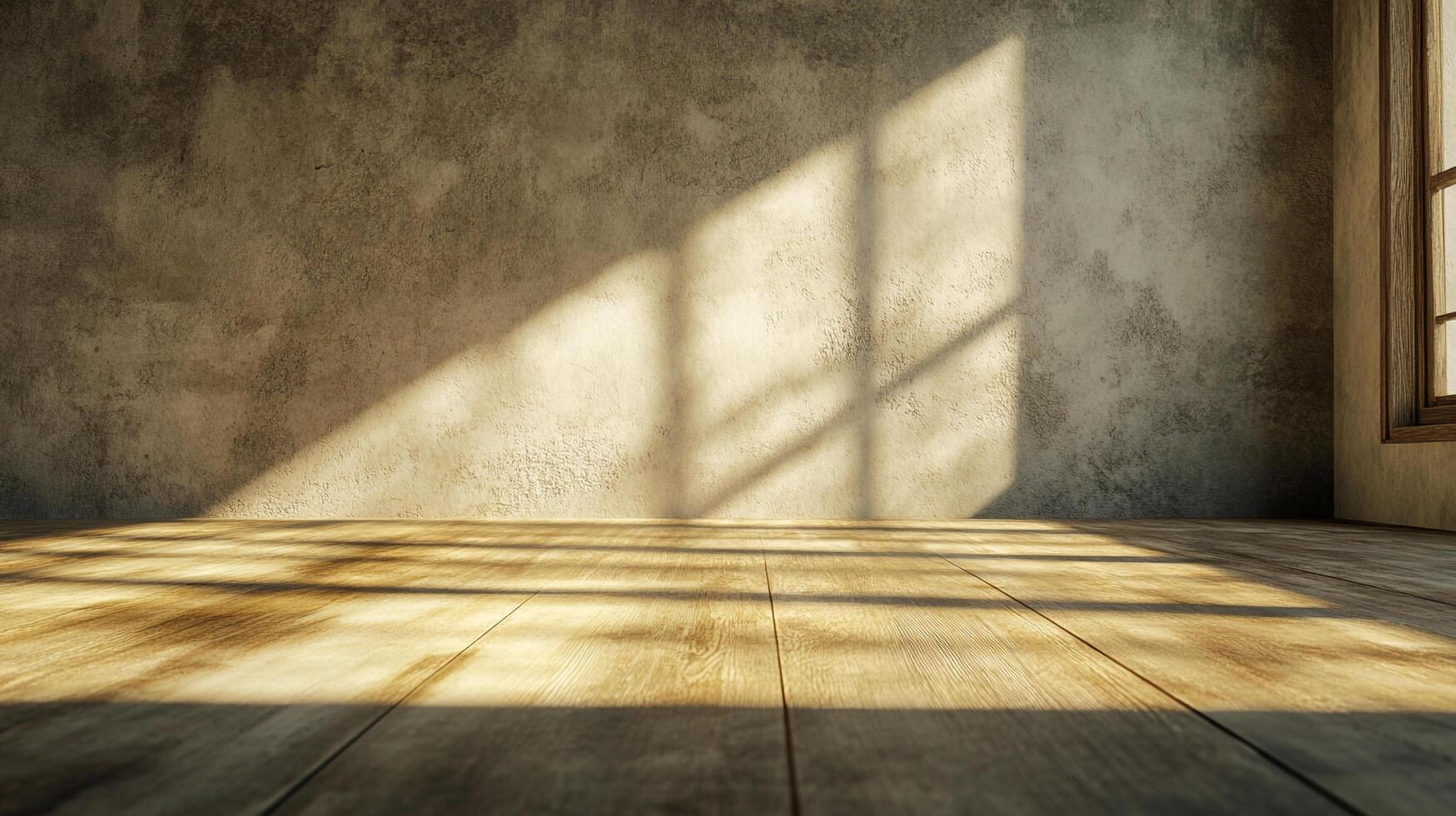 Sunlight streams into an empty room, casting shadows on the floor and wall, highlighting the textures and the play of light and shadow. photo