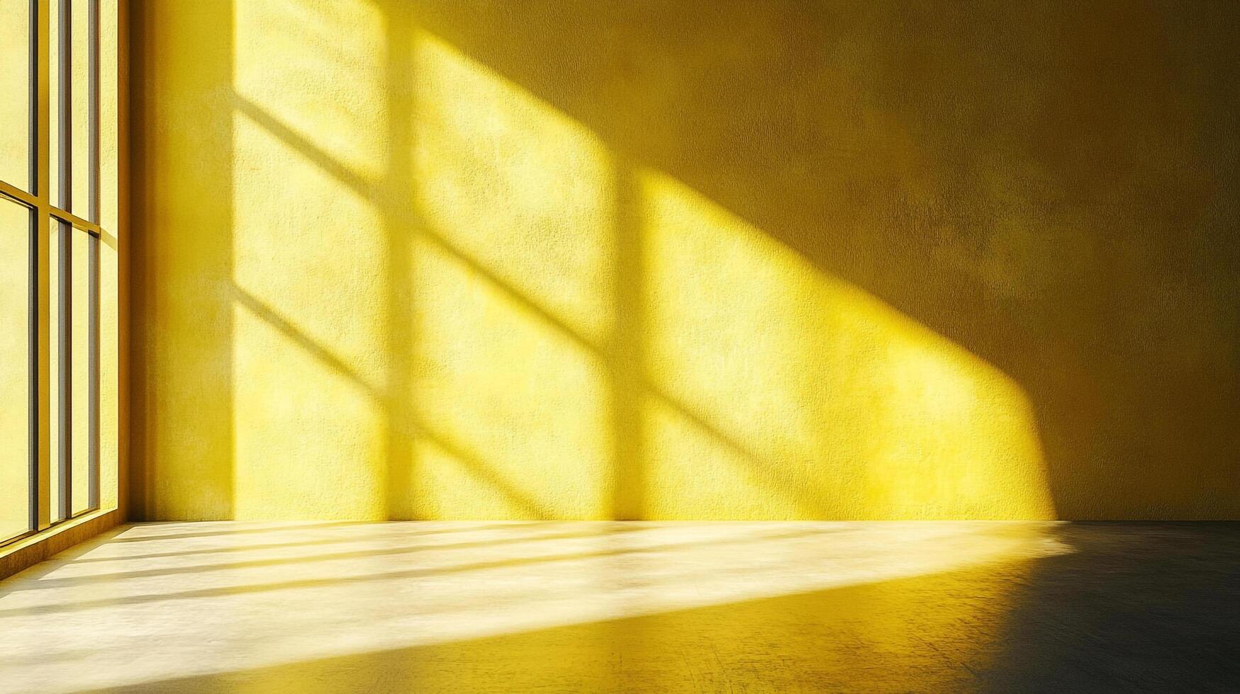 Yellow room bathed in sunlit shadows, creating geometric patterns and warm tones. Simple yet captivating interior scene with natural light. photo