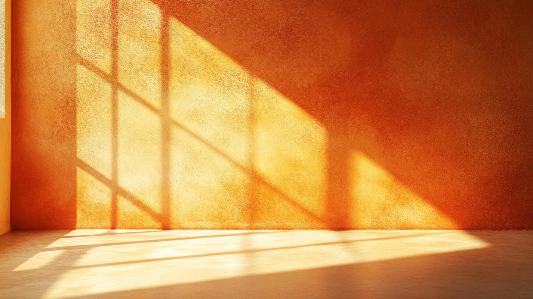 Sunlight creates beautiful shadows on an orange wall inside a room, creating an interesting play of light and shadow in an interior setting. photo