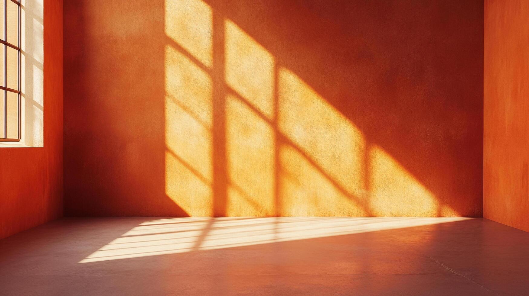Sunlight streams through a window, casting shadows on the burnt orange wall, highlighting the room's textured surface and minimalist design. photo