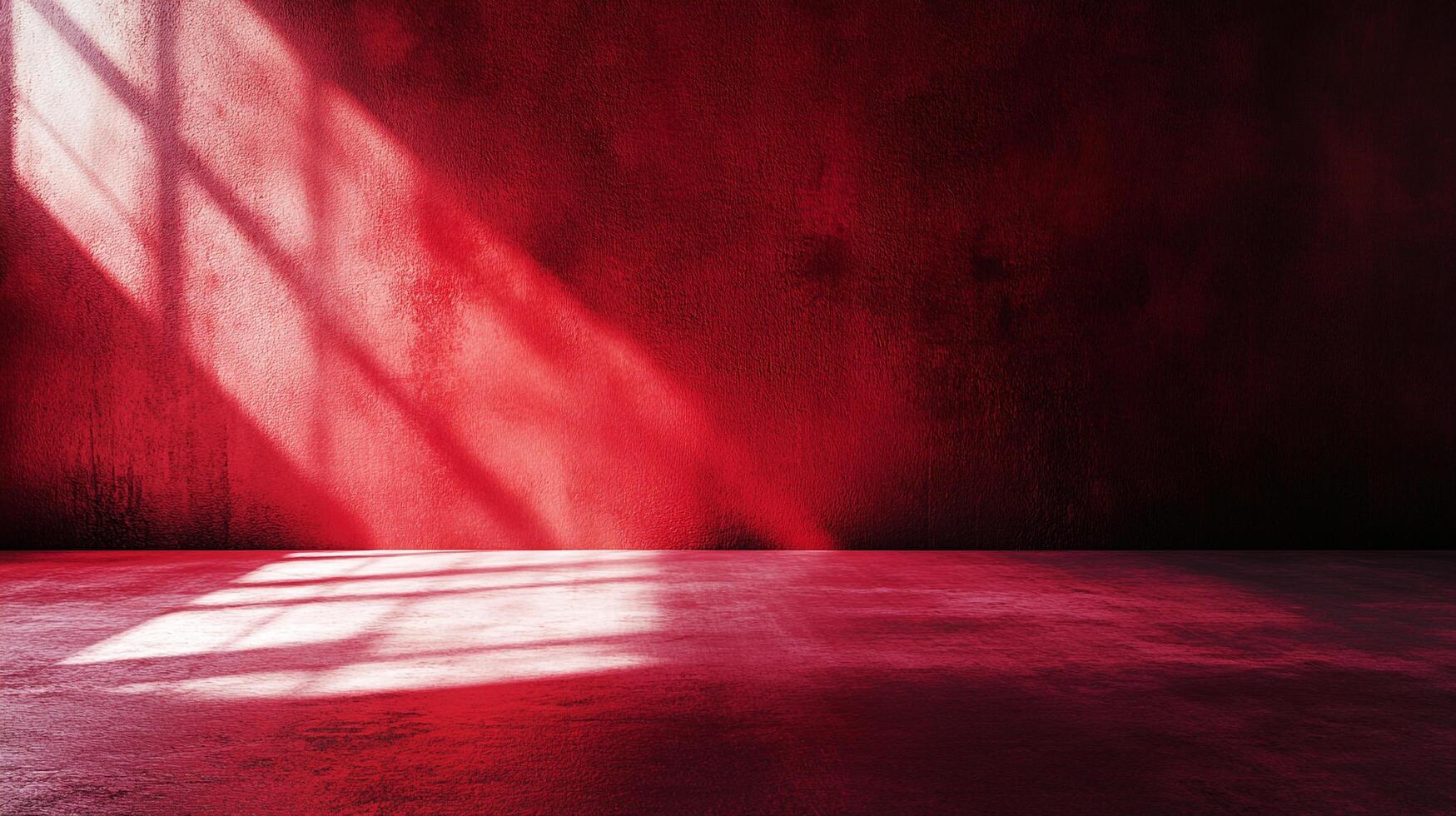 Crimson room with textured walls and bright window light illuminating the floor. Simple composition, powerful color. Abstract and moody. photo