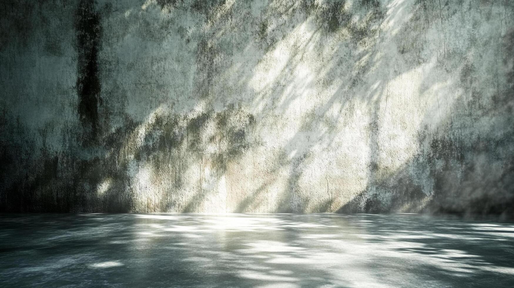 Illuminated interior with textural wall and floor featuring light and shadow, suggesting a serene and minimalist space for display or ambiance. photo