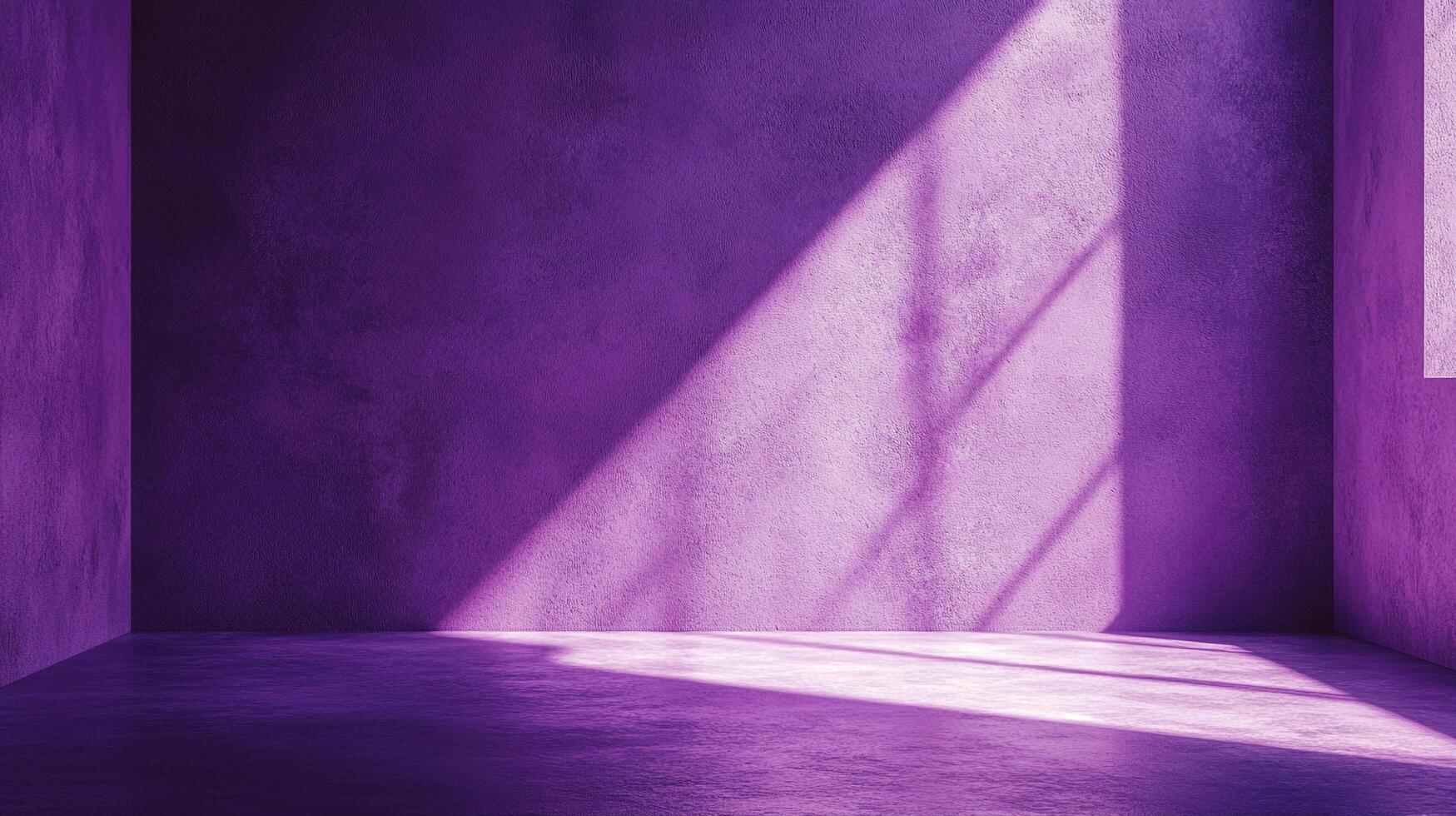 Purple room interior with sunlight streaming in, creating a striking contrast of light and shadow on textured walls and polished floor. photo