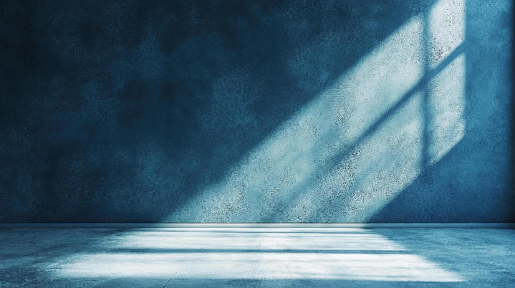 Abstract rendering of an empty blue room with textured walls and a concrete floor, illuminated by sunlight streaming from a window. photo