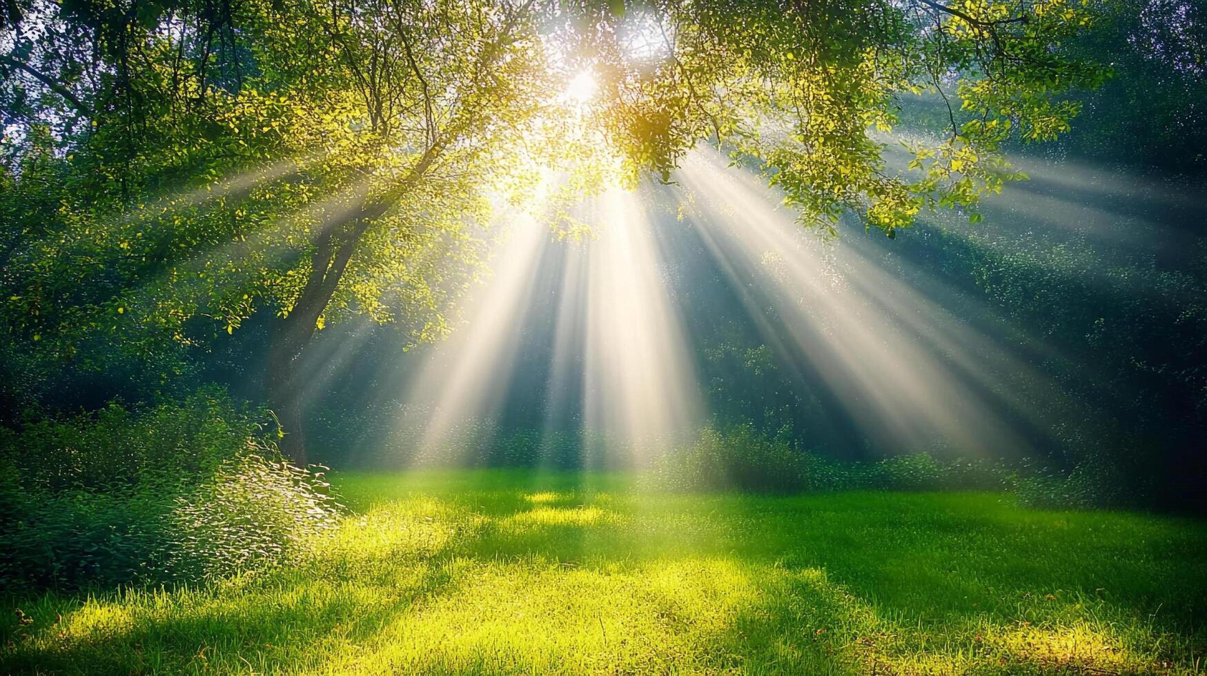 Sunlight pierces through the trees, illuminating a vibrant meadow with rays of light. The scene evokes a sense of tranquility and wonder. photo