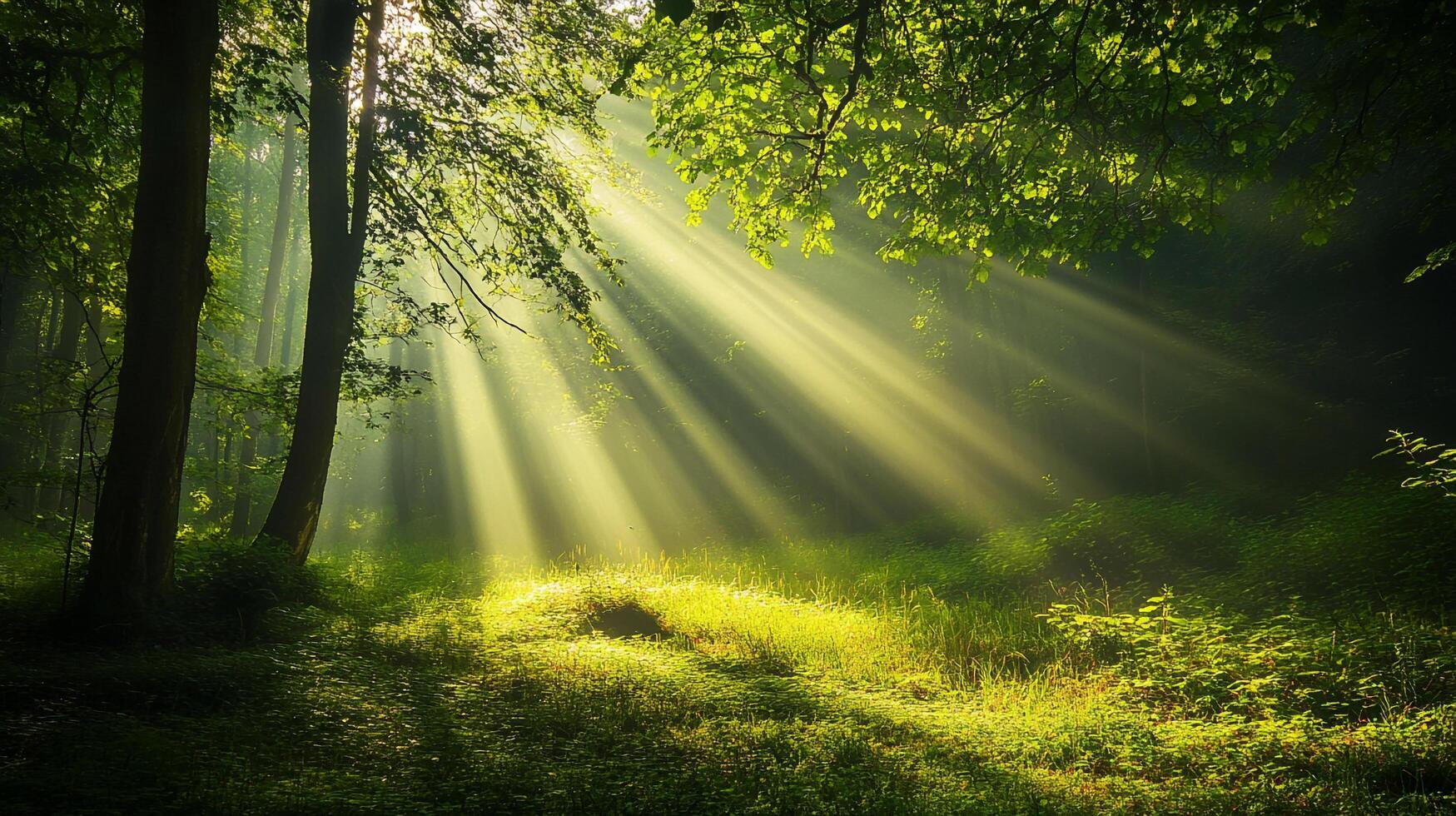 Sunbeams pierce the forest canopy, casting ethereal rays on the verdant undergrowth. A serene and enchanting woodland scene. photo