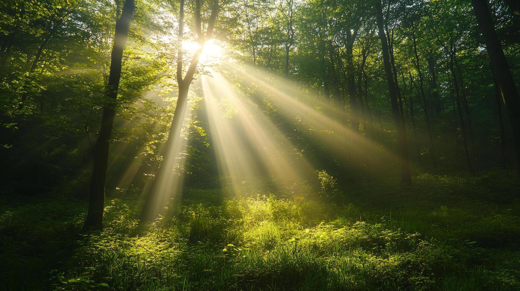 Sunlight streams through a lush forest canopy, casting radiant rays onto the vibrant green foliage below in this natural scene. photo