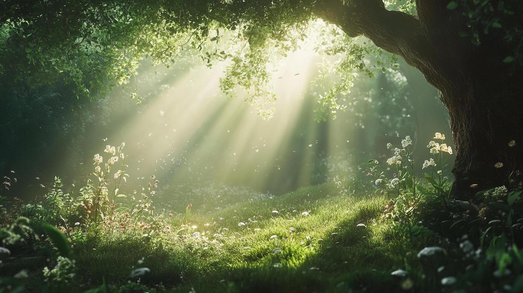 Sunlight streams through a lush forest canopy, illuminating a tranquil, flower-filled meadow. Nature's beauty in a serene woodland scene. photo