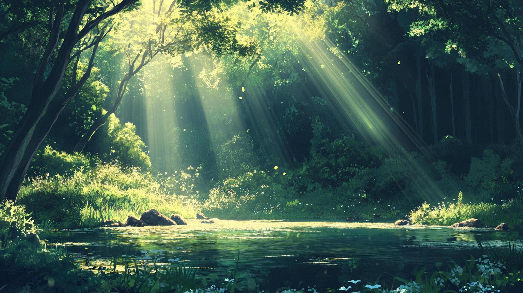 Sunlight streams through a serene forest, illuminating a tranquil pond surrounded by lush greenery. A peaceful nature scene. photo