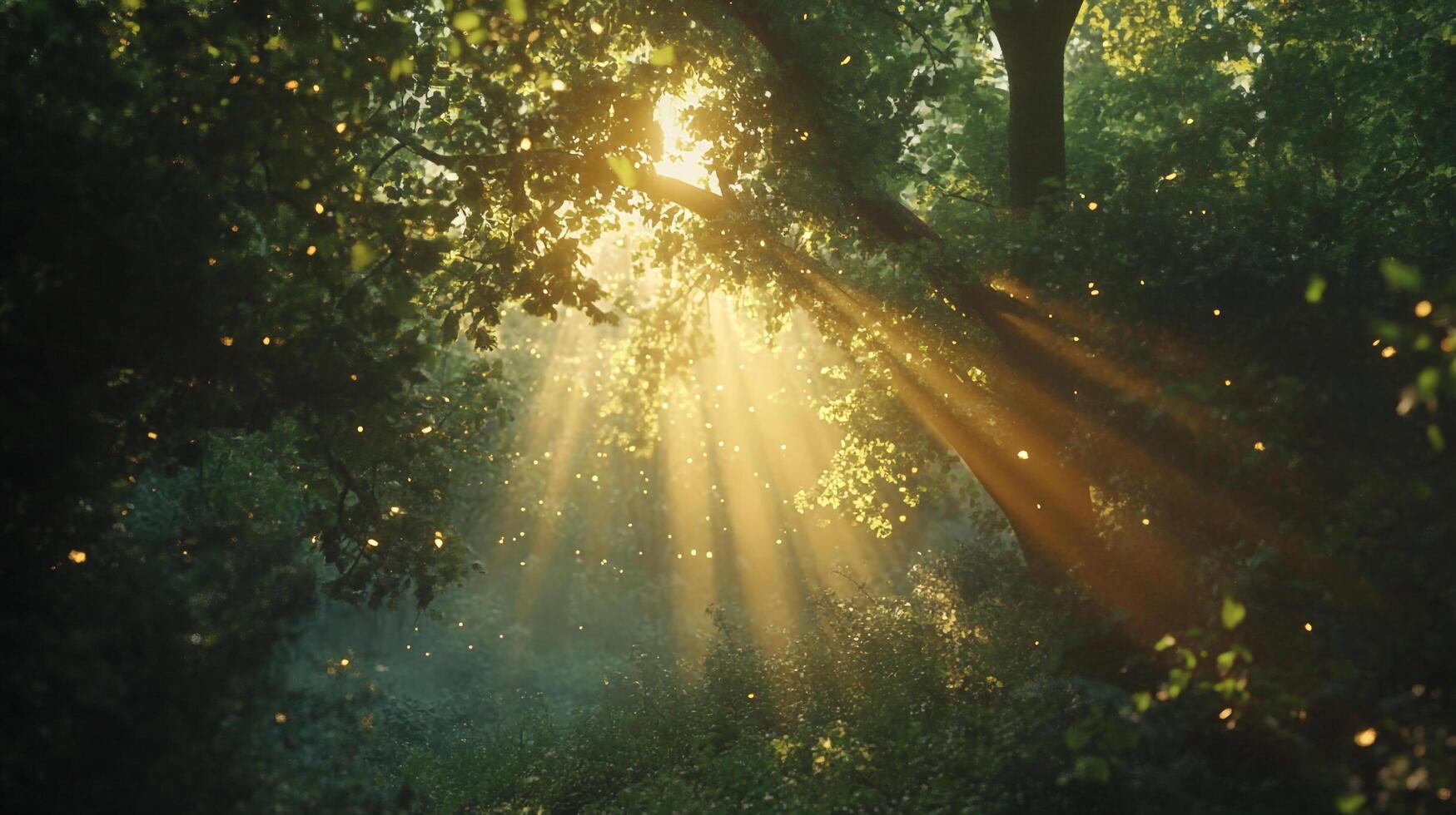 Sunlight filters through a dense forest canopy, creating a magical ambiance. A peaceful and serene natural environment. photo