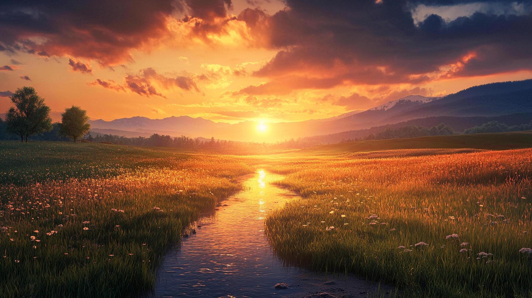 Golden sunset over a serene meadow with a winding stream, framed by distant mountains and trees, evoking peace and natural beauty. photo