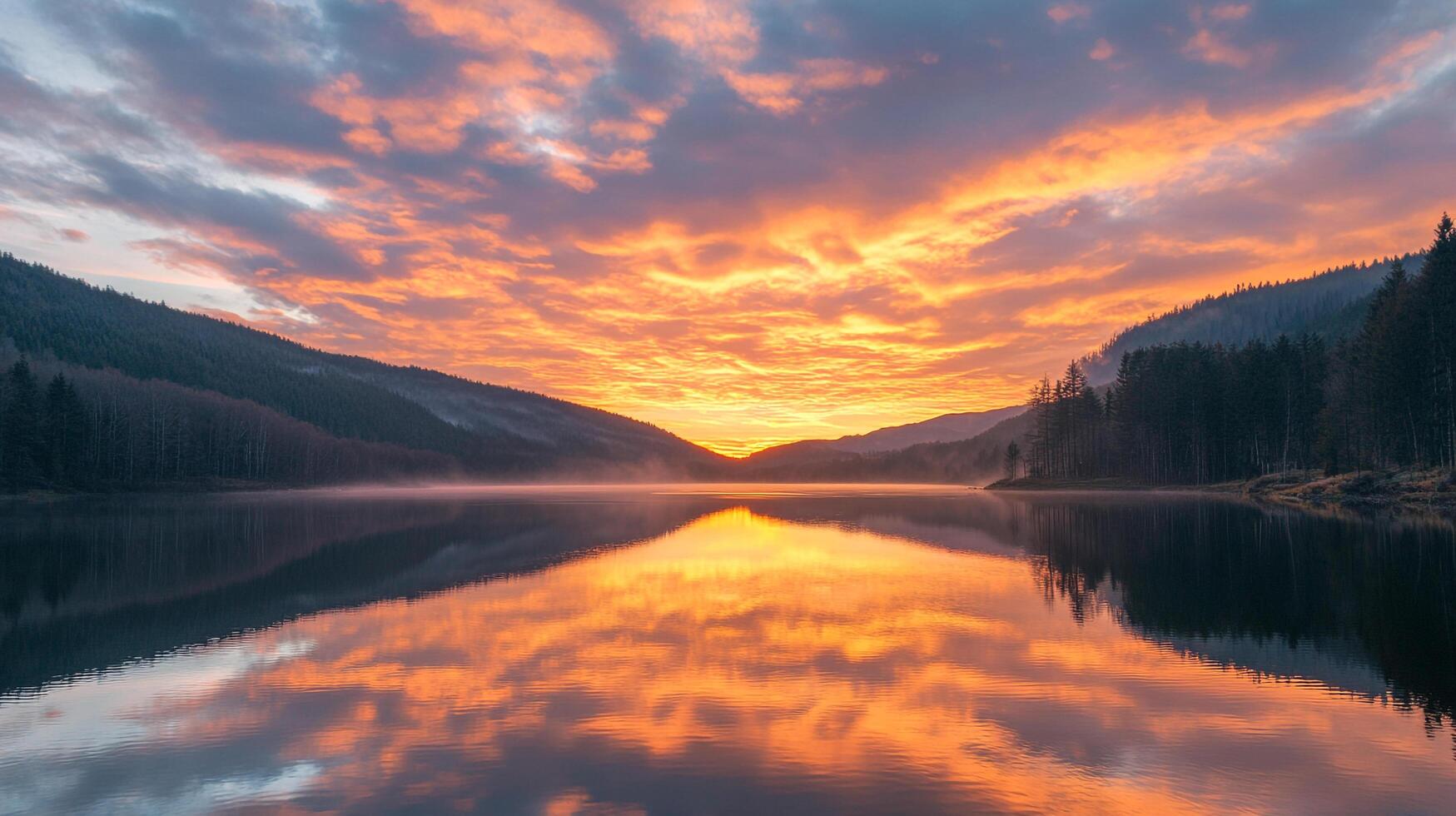 Lake sunrise with fiery clouds reflecting on the water. Mountains and trees line the shore on either side of the calm lake. photo