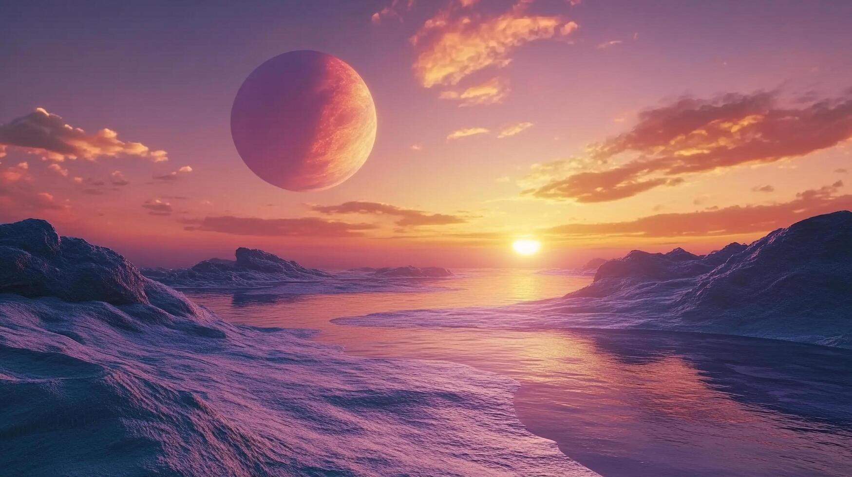 Serene alien landscape under a vibrant sunset with a planet looming overhead, painting the sky in shades of purple and orange. A peaceful scene. photo