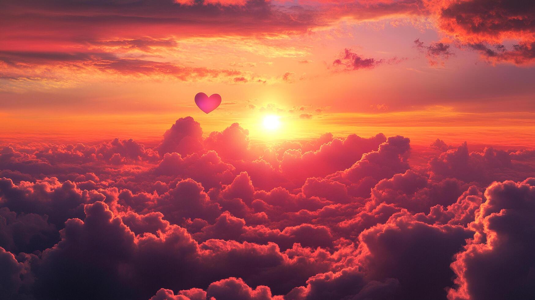 Heart-shaped balloon floats serenely above a dreamlike cloudscape at sunset, bathed in warm hues of pink, orange and red sky. photo