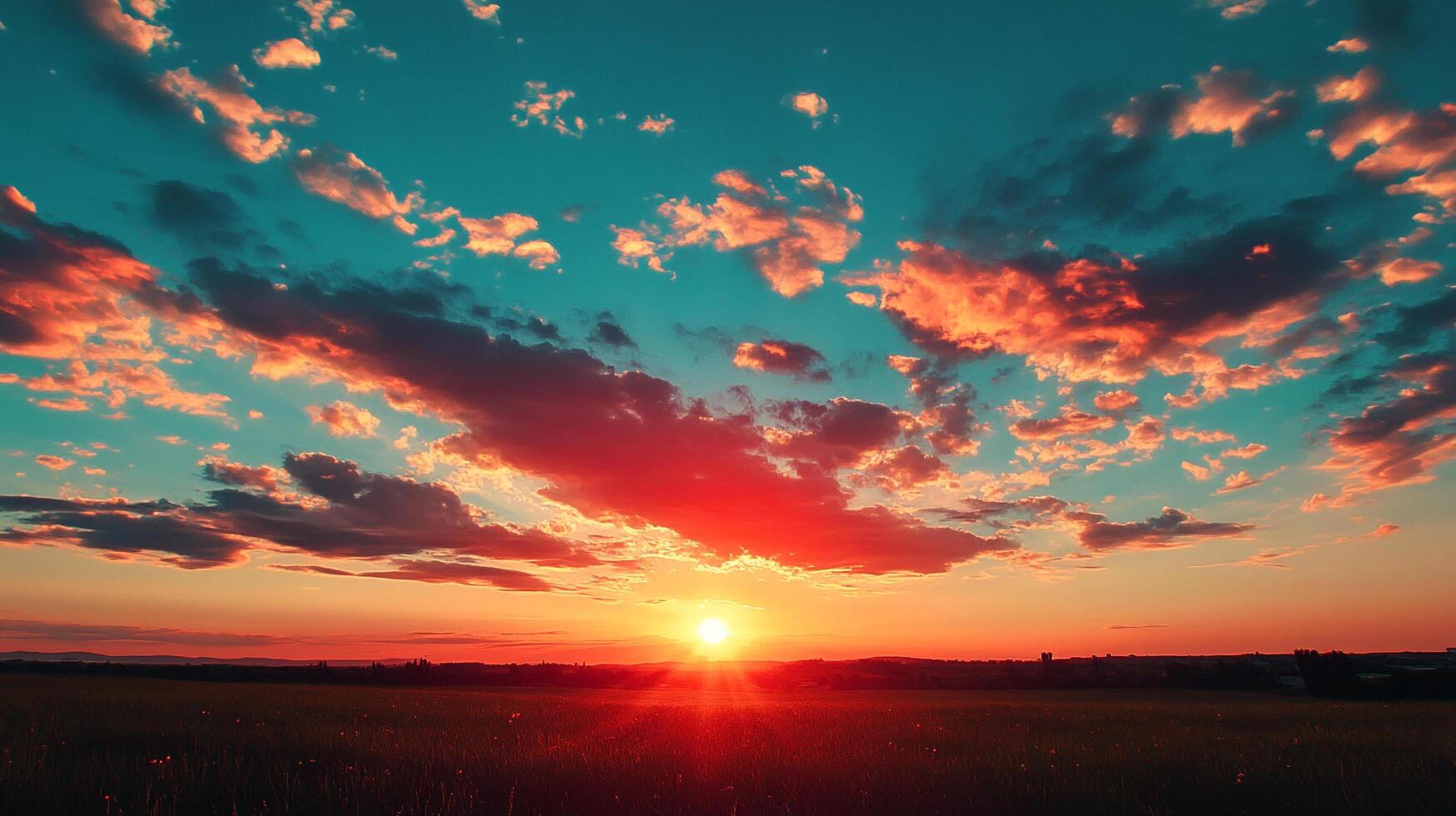 Dramatic sunset over a field with vibrant orange and teal hues creates a mesmerizing natural spectacle with bright sun and scattered clouds. photo