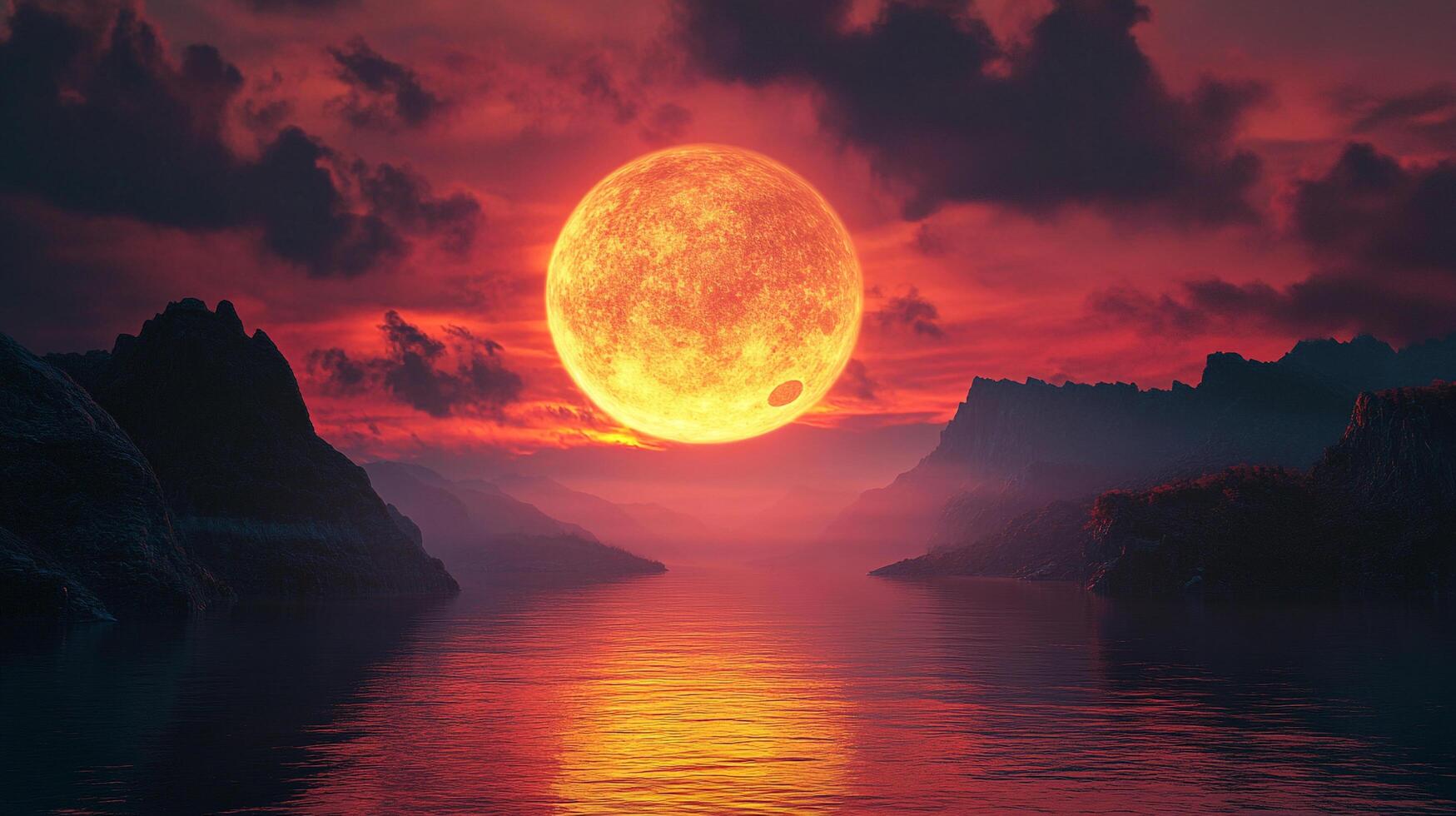 Dramatic sky with a large orange celestial orb over water and silhouetted mountains. A peaceful yet powerful view. photo